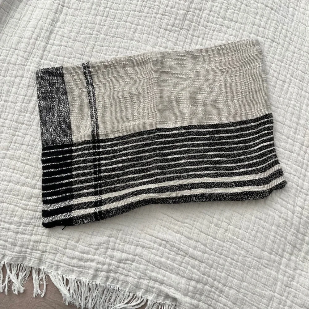 Crate & Barrel Stilyagi Slubby Plaid Pillow Cover 22x15 Ink Black Cream